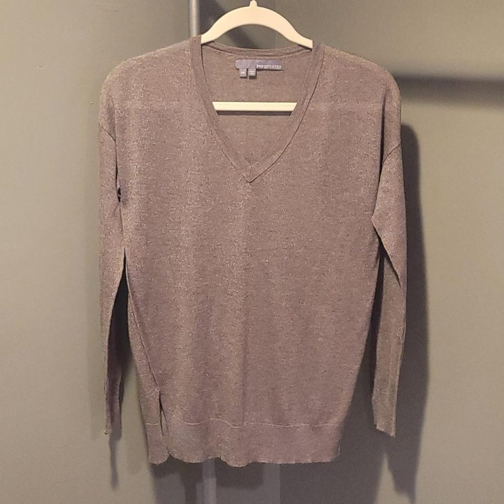 360 Sweater Lightweight V-Neck‎ Sheer Top, Women's Size XS, Shiny Taupe